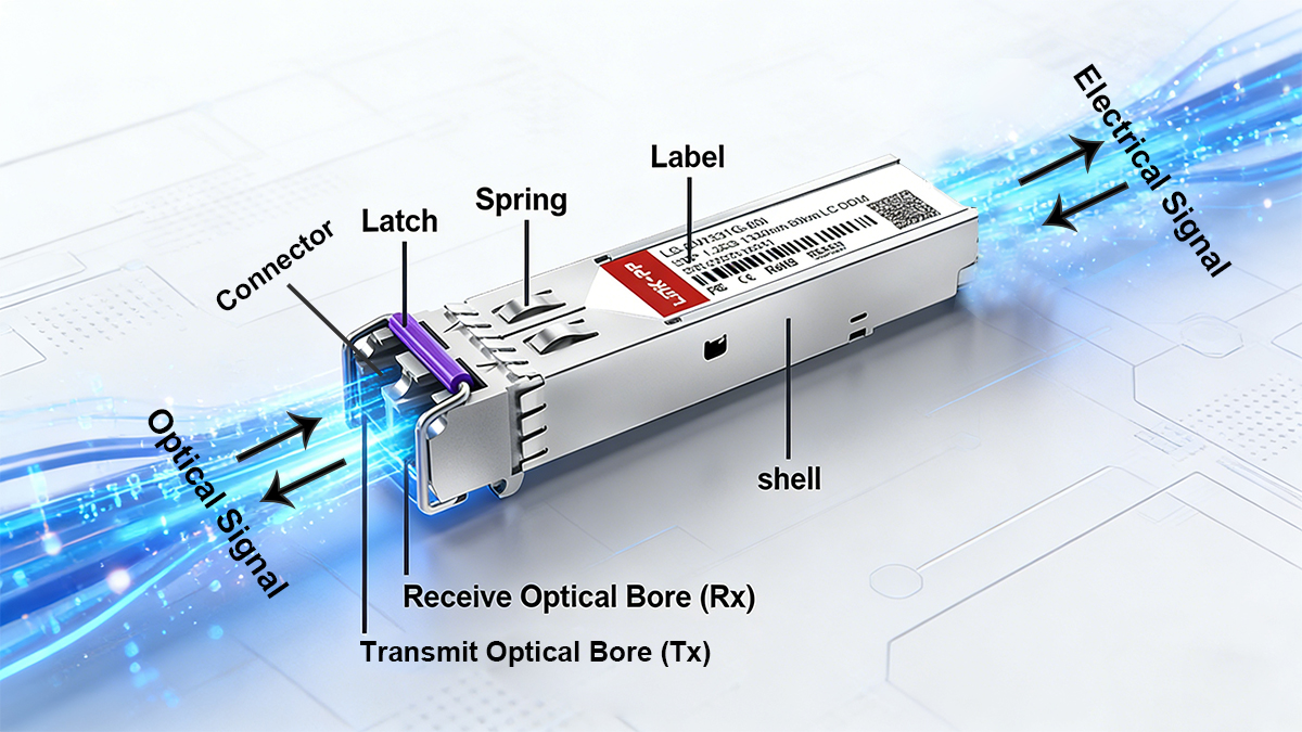 How an SFP module works in a network converting electrical signals to optical signals and vice versa